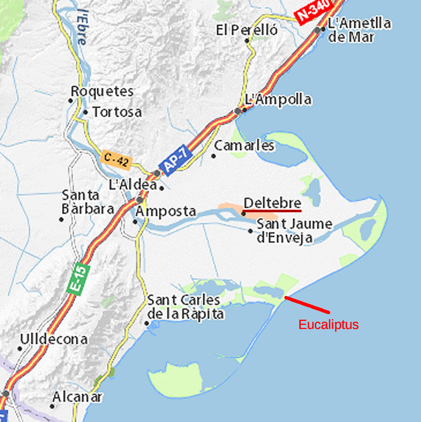 Carte du Delta de l'Ebre, Deltebre au centre pour un accès rapide à tout le Delta